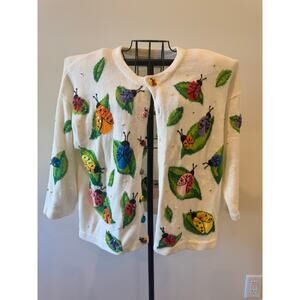 Vintage Ladybug Beaded Cardigan Sweater Philip Jane Gordon Large 3D Bugs